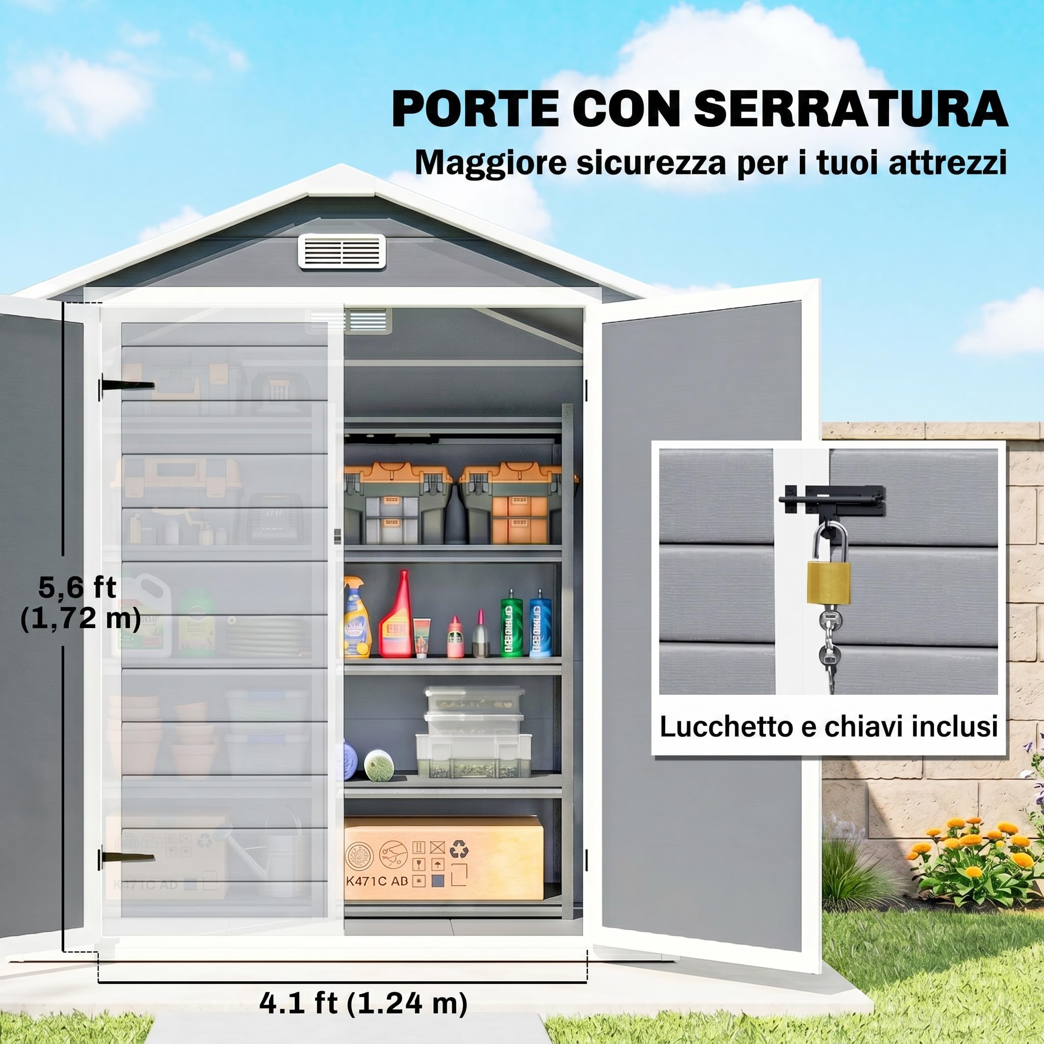 Outsunny Casetta da Giardino Porta Attrezzi in Finitura Effetto Legno Graffiato con Pavimento, 2.12m² Capanno da Giardino con Doppia Porte e Serratura, Tetto Inclinato, 183x134x210 cm, Grigio