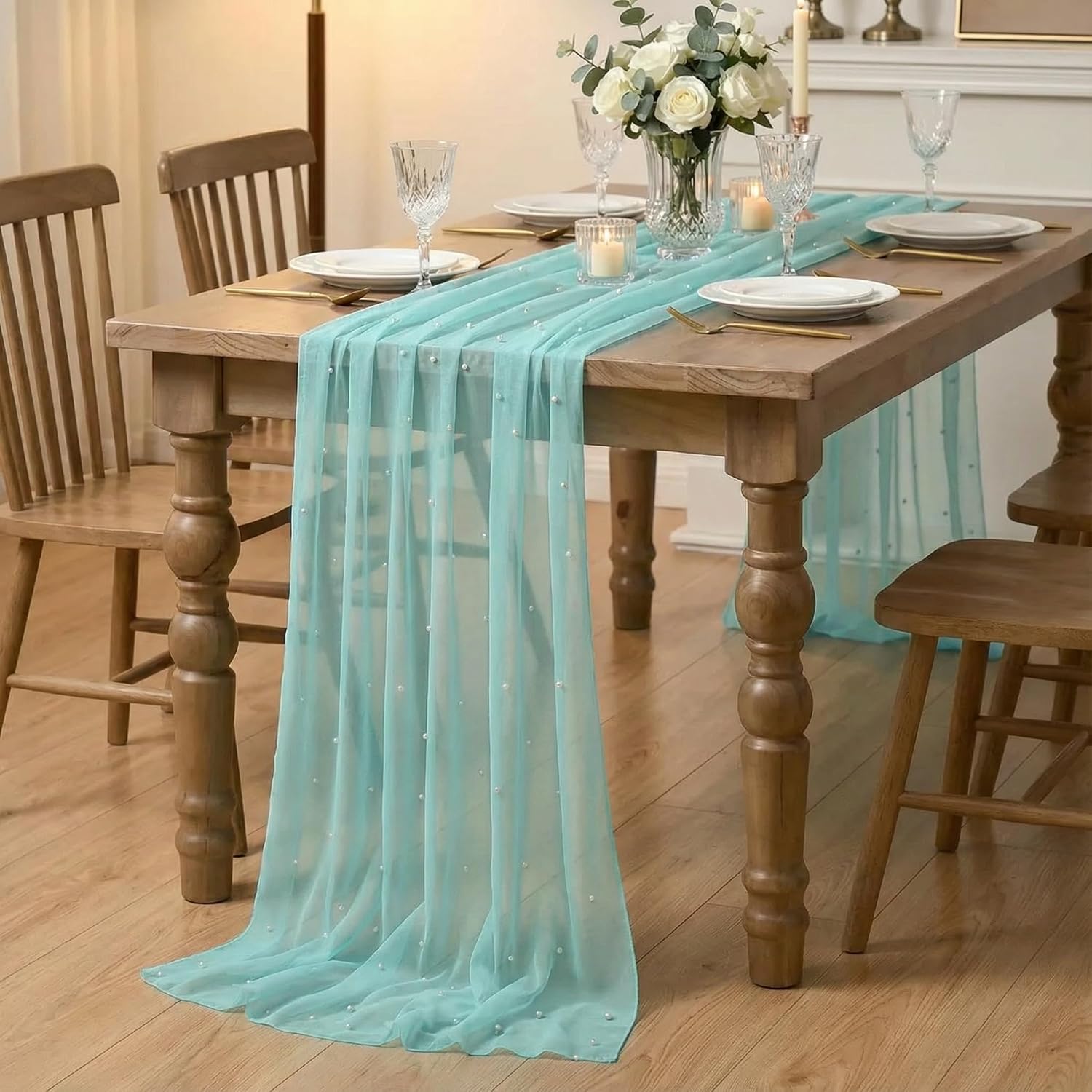 Artoid Mode Pearl Turquoise Gauze Table Runner 120 Inch 10FT, Seasonal Sheer Dining Holiday Wedding Birthday Baby Shower Table Decor for Home Party