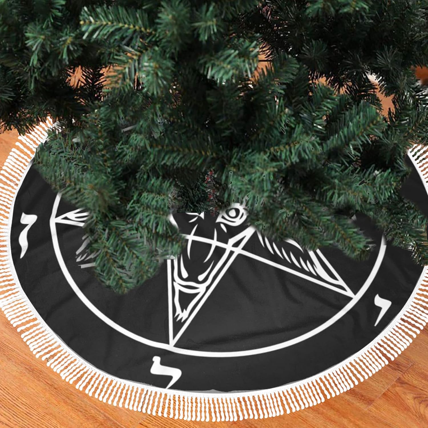 Gothic Christmas Tree Skirt 36 Inch with Tassel, Black Pentagram Goat Star Mat for Xmas Decor,Farmhouse Holid， Funny Party Supplies, Soft Cover Floor Mat image 2