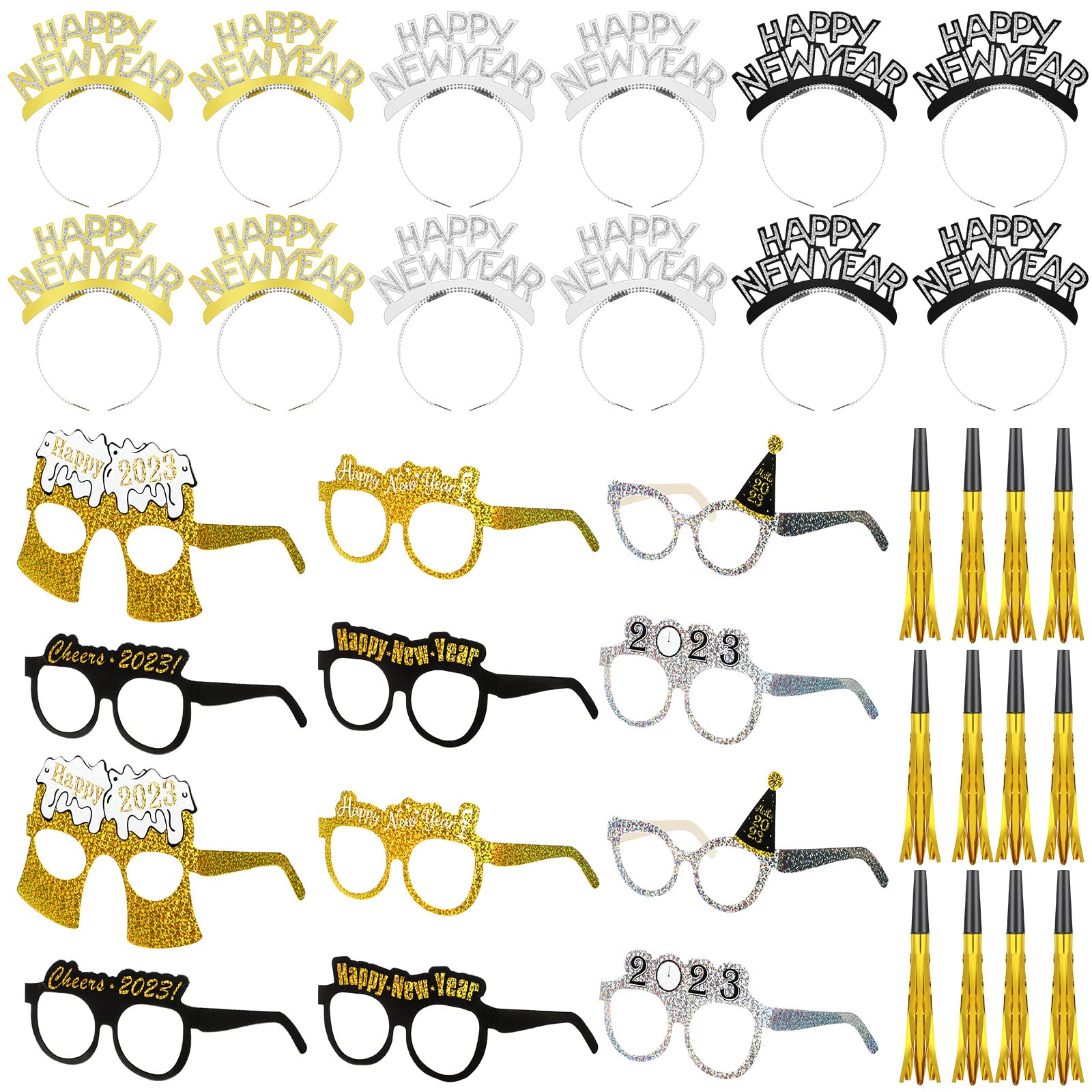 Yunsailing 36 Pieces New Years Eve Party Supplies 2025 New Years 2025 Glasses 2025 Black Silver and Gold Party Headbands for Happy New Year Gift New Year's Eve Party New Years Eve Accessories