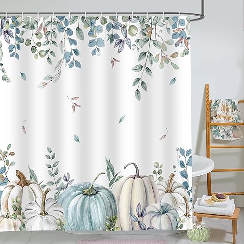 Cortinas de ducha de otoño de calabaza para baño, juego de cortinas de ducha con hojas de eucalipto, calabazas en acuarela, decoración de baño