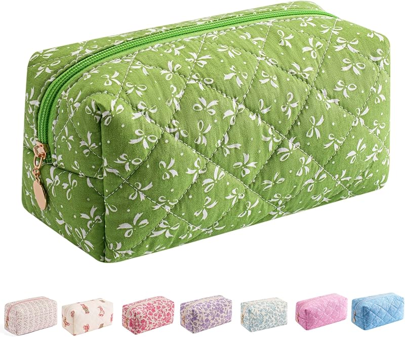 Necessaire de maquiagem floral acolchoada WHHJM em algodão, verde