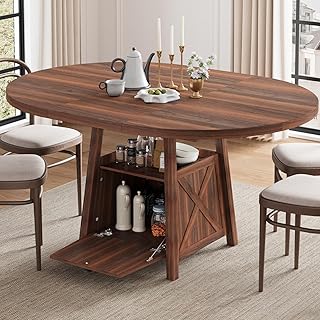 43.3"-59" Extendable Round Dining Table with Detachable Extension Plate for 4-8 People; Oval Kitchen Dining Table Equipped with Shelf and Storage Box for Kitchen Living Room (Brown)