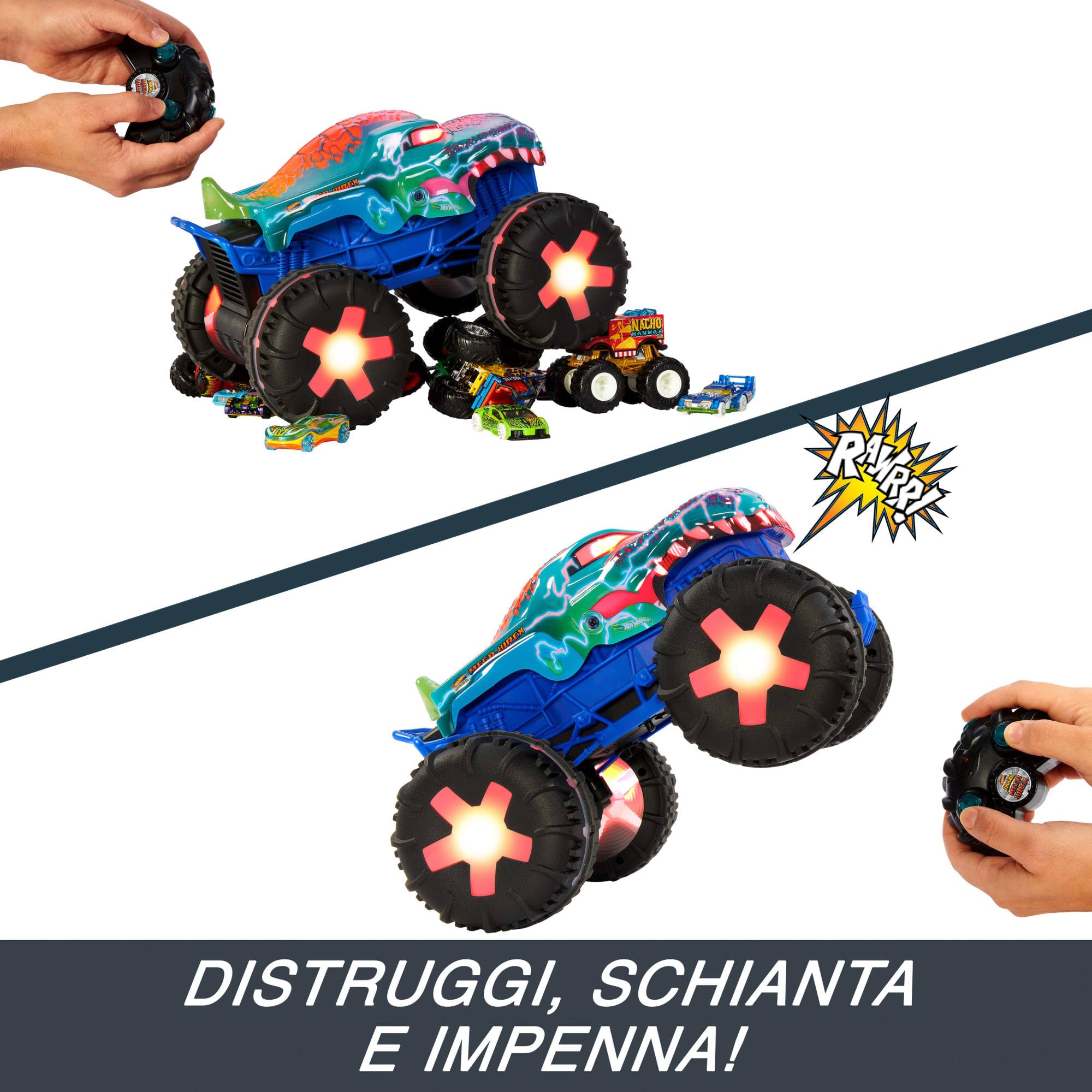 Hot Wheels Monster Trucks Macchina Telecomandata - Mega-Wrex oversize R/C, truck radiocomandato in scala 1:15 con 3 modalità di gioco, luci e suoni interattivi, giocattolo per bambini, 5+ anni, JBD90