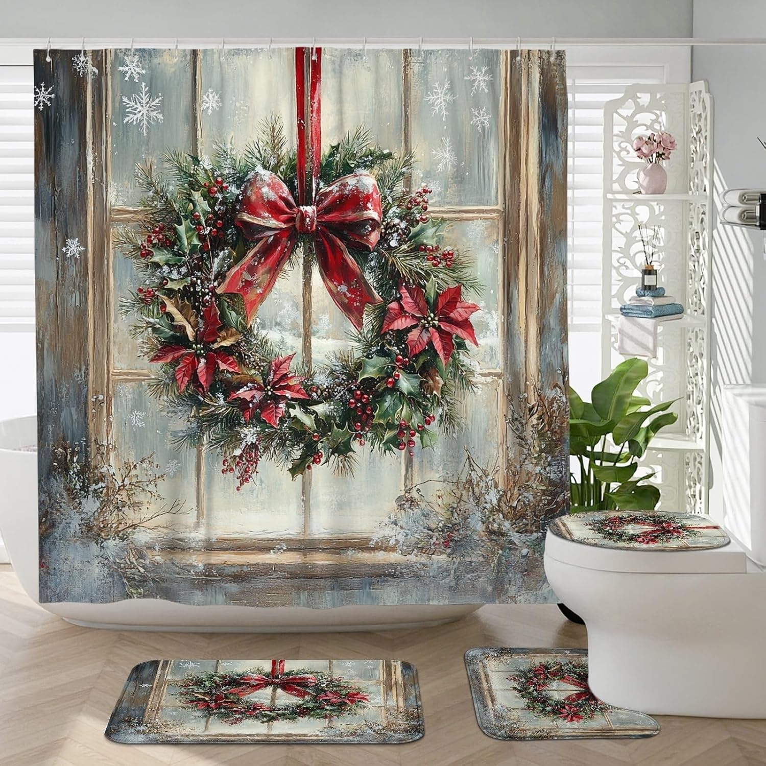 4PCS Farmhouse Christmas Holly Bathroom Sets with Non-Slip Rug, U Shape Toilet Lid Cover Mat, Rustic Xmas Window Plant Bathroom Decoration 72''x72''