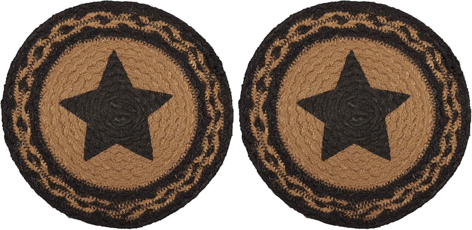 VHC Brands Farmhouse Primitive Star Black Stenciled Textured Round Kitchen Table Jute Trivet 8 (Pack of 2)