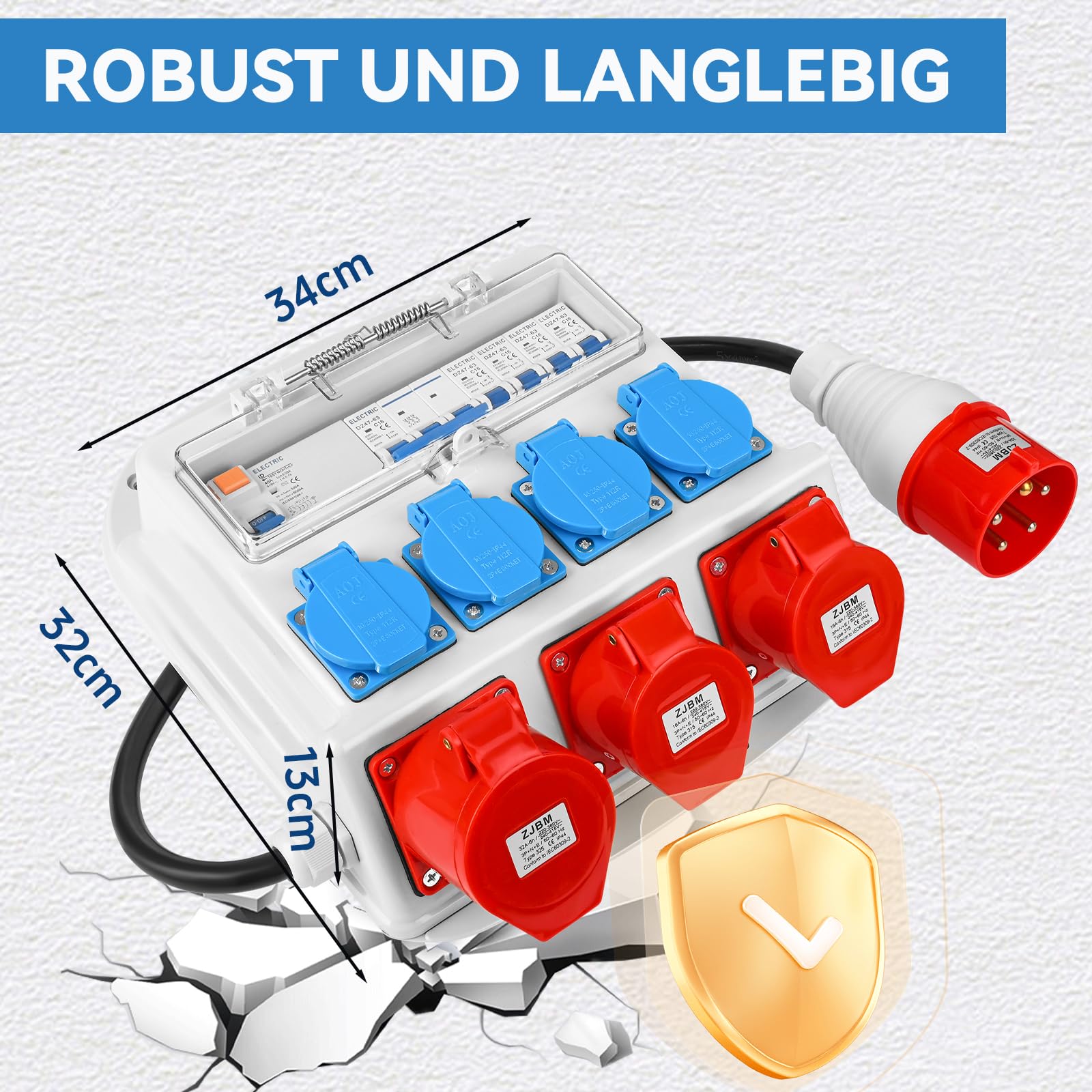 Distributore di corrente da parete, completamente cablato con 4 x 230 V Schuko, CEE 16 A e 32 A, interruttore FI, interruttore LS, alloggiamento impermeabile IP67, per esterni e officine