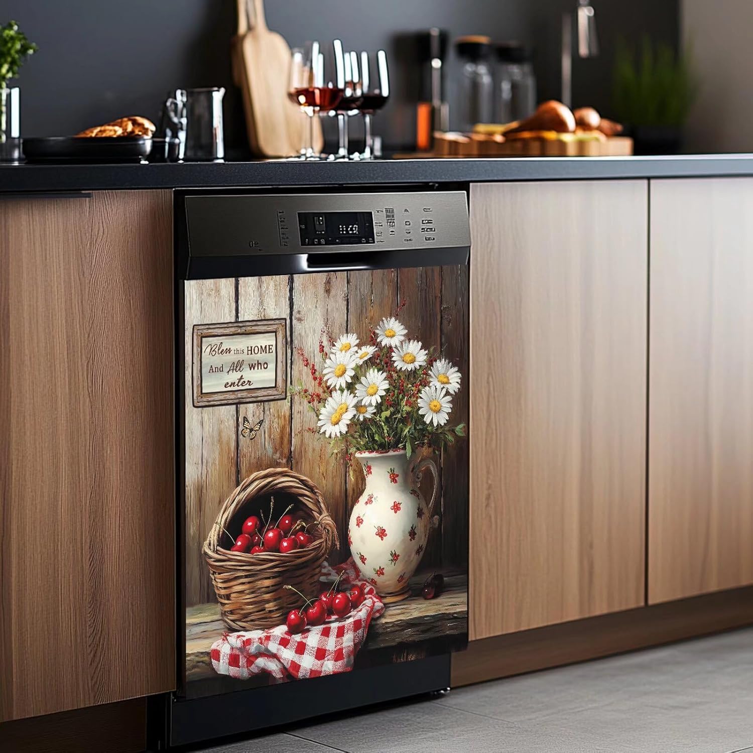 Generic Red Cherry Magnet Dishwasher Cover Daisy Sticker for Refrigerator,Flower Fridge Magnet Kitchen Decorative,Pastoral Floral Fruits Magnetic Decals,Inspiring Quotes Appliance Sticker 23x26