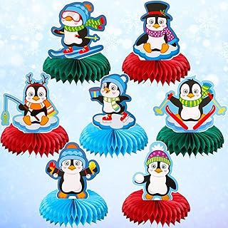 7 Pieces Penguin Honeycomb Centerpieces Penguin Table Topper for Winter Theme Party Decorations Birthday Party Supplies Christmas Party Xmas Supplies Table Decorations