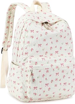 LEDAOU Backpack for Teenage Girls School Backpack Large Book Bags Primary School High School Cord Lightweight Laptop Bags for Girls Women Casual Travel 1 Beige Flower