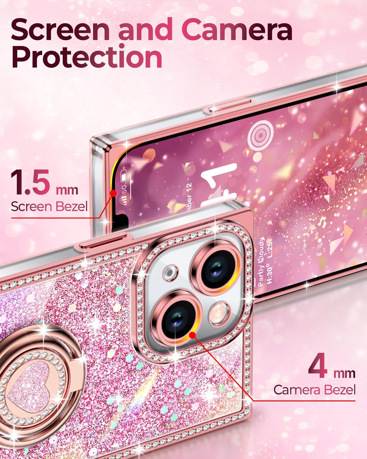 XYZ for iPhone 14 Case, Glitter Bling Phone Cover with 2-Ring Heart Stand & Lanyard, Women Girls Luxury Rhinestone Shockproof Protective Case for iPhone 14, Pink - Image 4