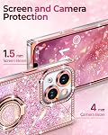 XYZ for iPhone 14 Case, Glitter Bling Phone Cover with 2-Ring Heart Stand & Lanyard, Women Girls Luxury Rhinestone Shockproof Protective Case for iPhone 14, Pink