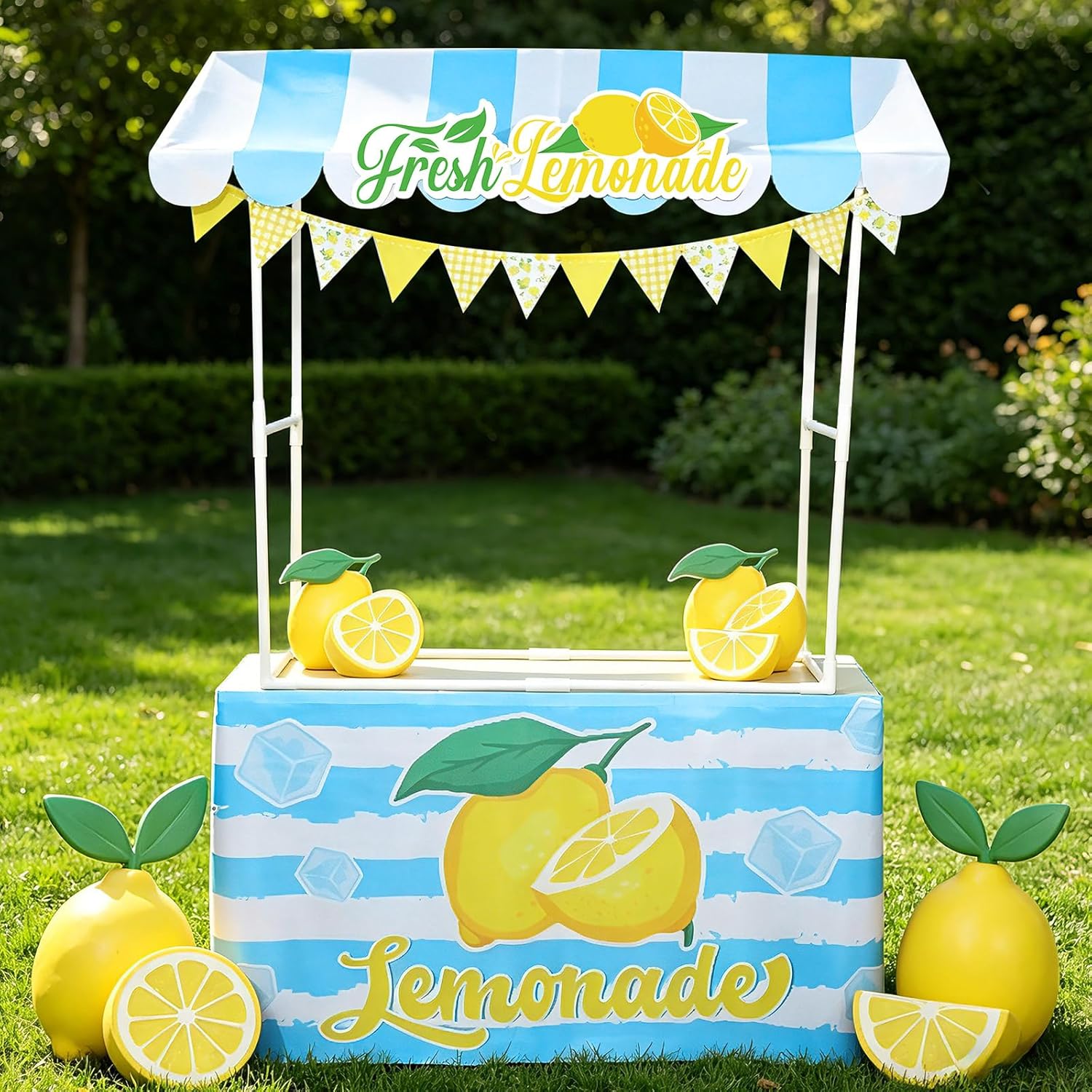 6 Pcs Lemonade Stand Kits Hut Decor - Lemonade Supplies Set with Thickened Plastic Stand, Lemon Tablecloth, Banner and Awning for Lemon Theme Photo Props Beach Outdoor Summer Party Decor