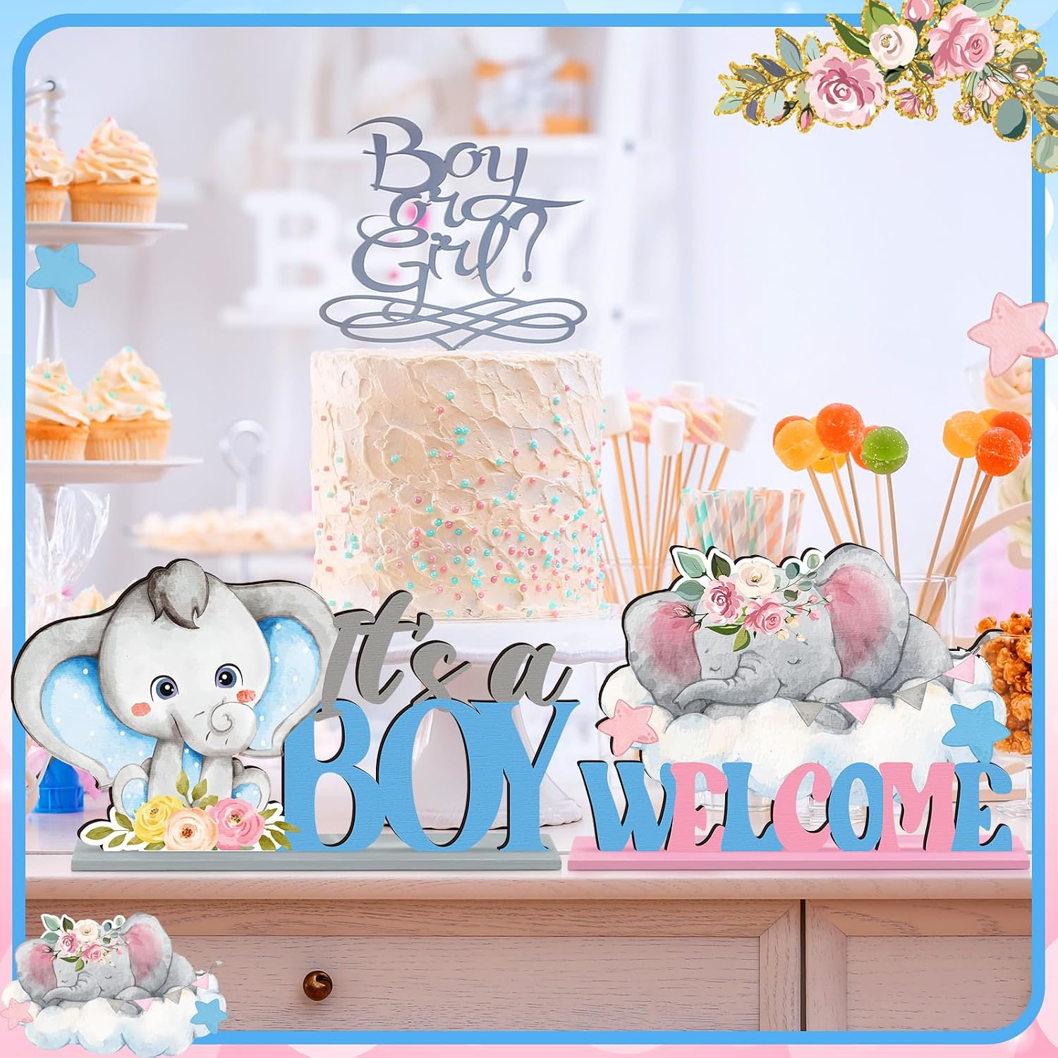 CroBlissful 6 Pcs Elephant Gender Reveal Table Decorations He or She Baby Shower Party Centerpieces Elephant Theme Gender Reveal Blue and Pink Wooden Signs for Baby Shower Newborn Decor Party Supplies