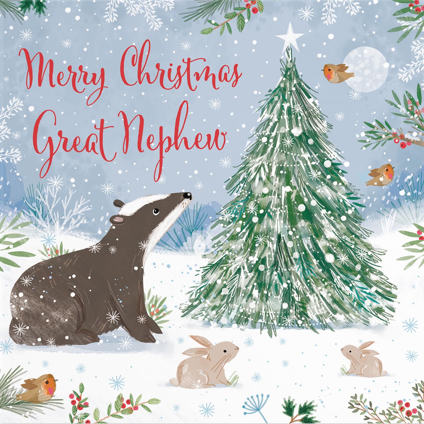 Hunts England, Badger Great Nephew Christmas Card, Nature's Treasures, Happy Animal Wildlife Cute Fun Merry Xmas Card, Snow - Image 2