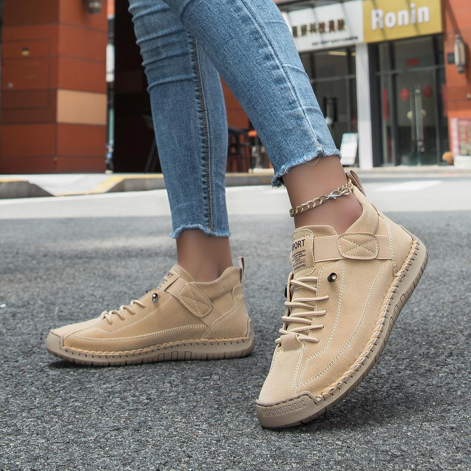 Womens Hand Stitching Leather Slip-On Ankle Boots with Adjustable Elastic Band Casual Lightweight Non-Slip Walking Loafers Retro High Top Flat Boat Shoes - Image 6