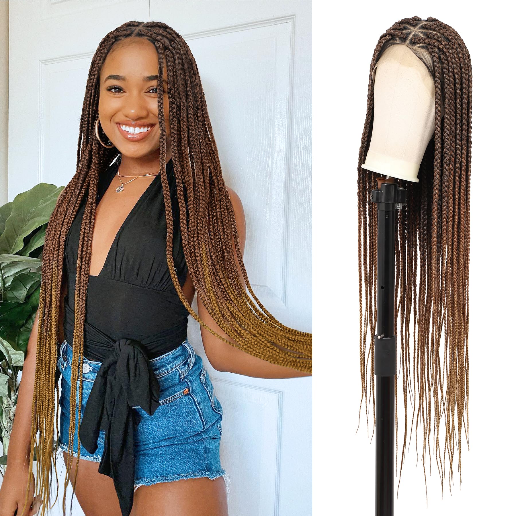 Lexqui 36" Triangle Knotless Braided Wigs for Women Braided Lace Front Wigs Synthetic Hair Box Braid Wig Full Double Lace Braided Wig with Baby Hair Brown Ombre Light Brown