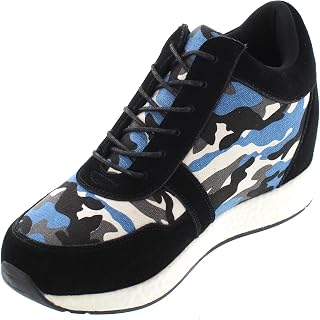 Men's Invisible Height Increasing Elevator Shoes - Camo Black/Blue Canvas Lightweight Lace-up Casual Trainers Sneakers - 3.2 Inches Taller - H2243