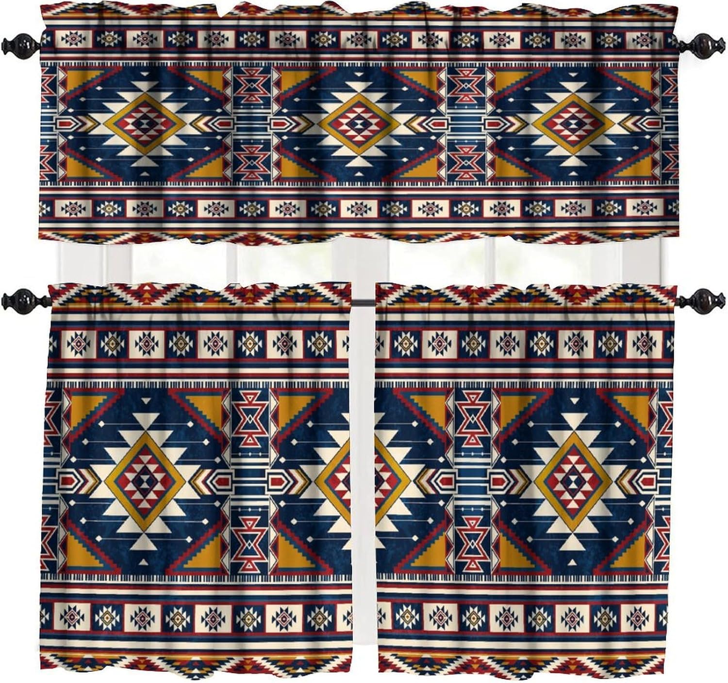 Retro Aztec Valance Curtains, Blue Orange Rural Ethnic Tribal Geometric Totem Symbol Pattern Blackout Home Decor Short Window Treatments Drapes for Bedroom Livingroom Kitchen 54x18in 1P/27x36in 2P