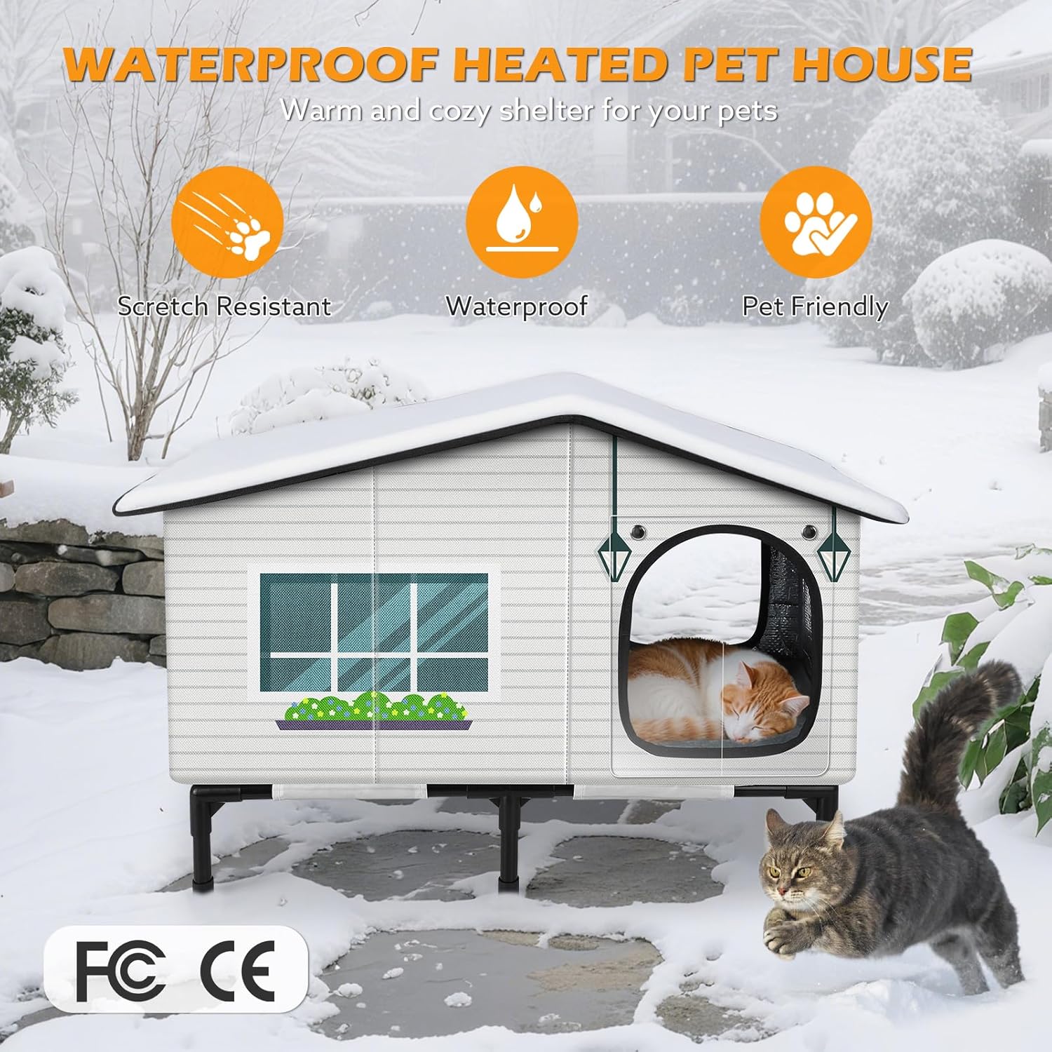GASUR Weatherproof Heated Cat House for Outdoor Cats, Insulated Heating Cat House with Heated Pad for Winter, Elevated Heat Cat Shelter Waterproof Safe Feral Outside Pet House for Cats(20"x17"x16")