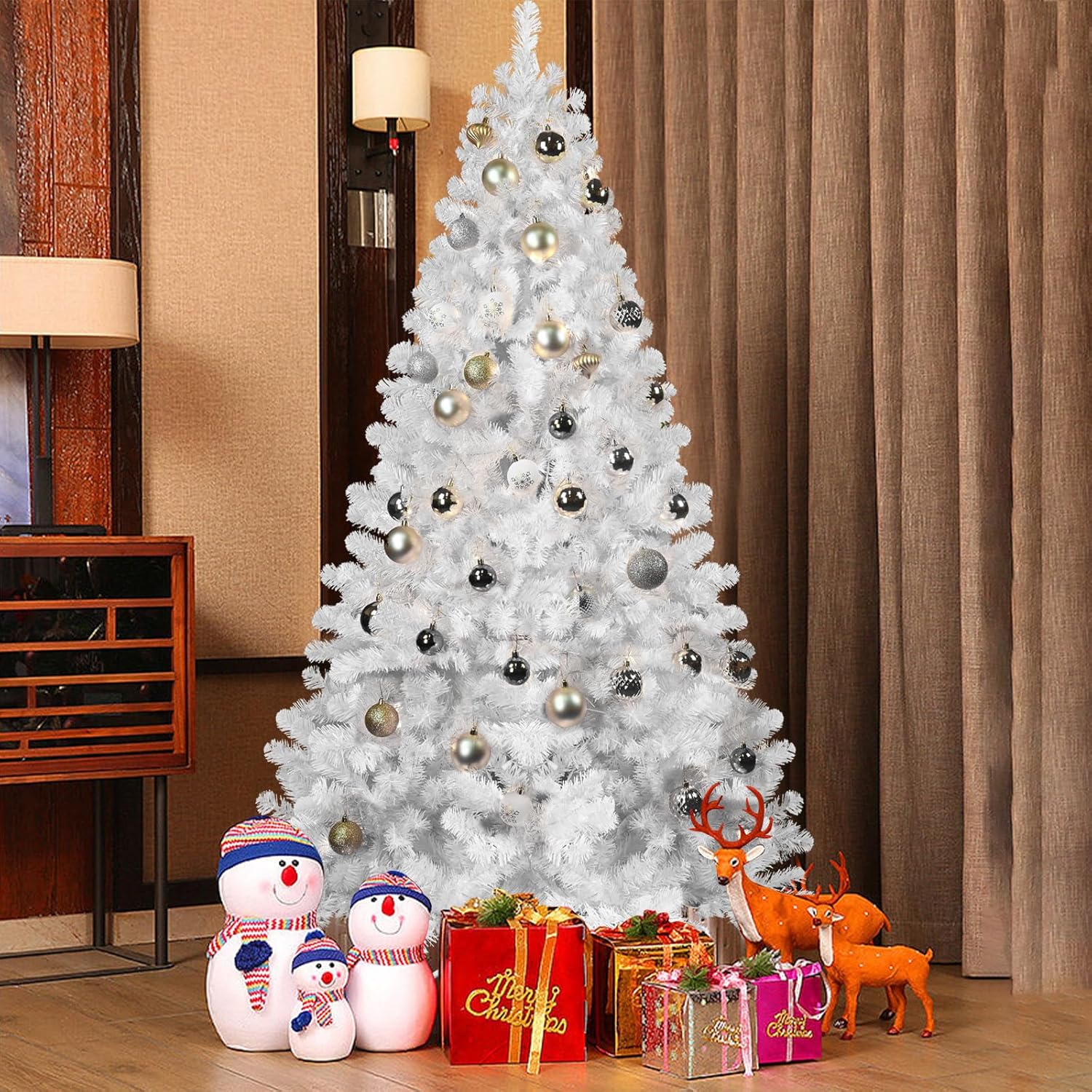 8ft White Christmas Tree with Memory Wire – 1430 Tips, Hinged Artificial PVC Tree, Easy Assembly Holiday Xmas Tree for Indoor Decor