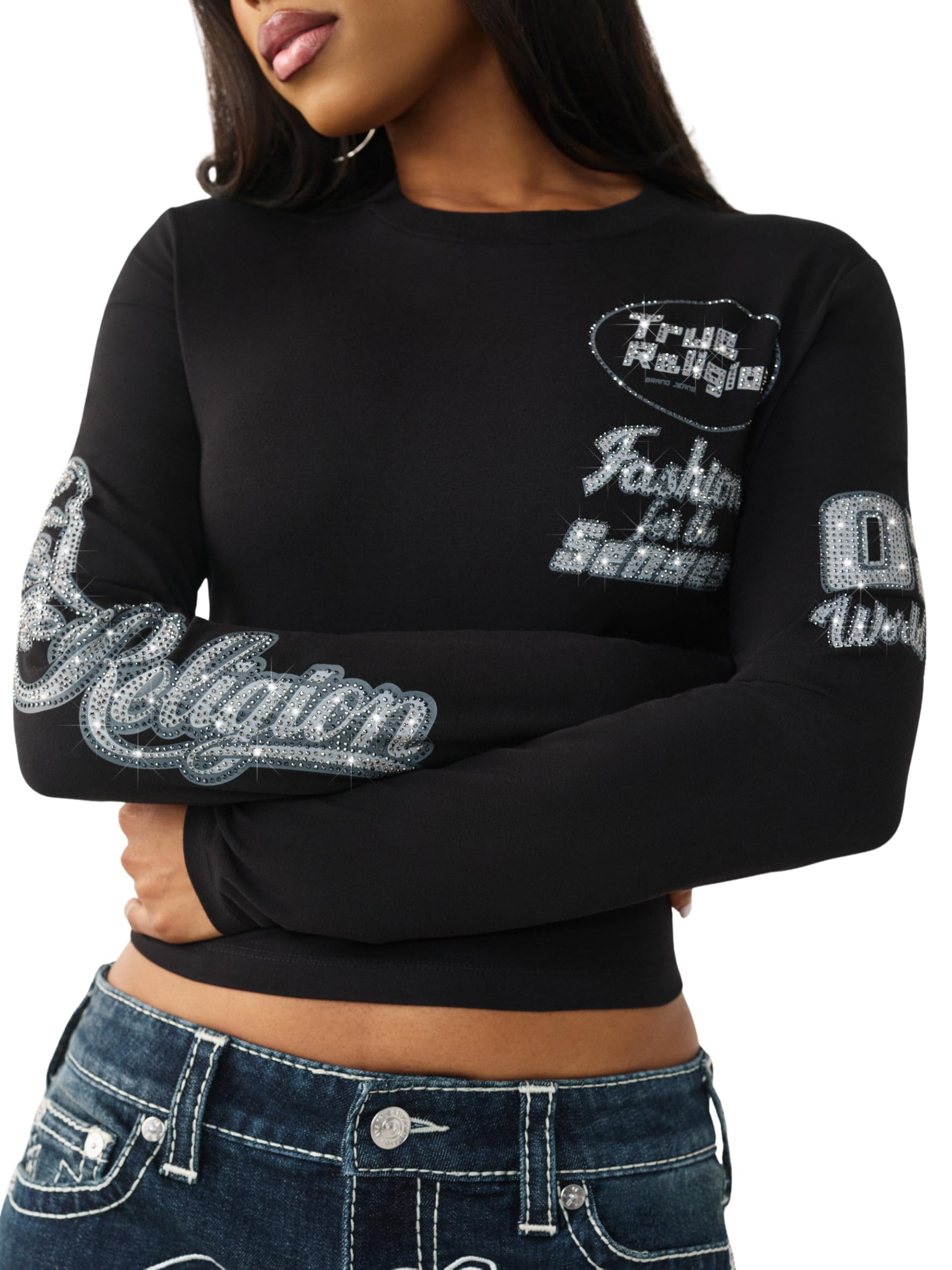 True Religion Damen Crystal Contrast Stitch Langarm Baby Tee - Strass Logo Slim Fit Rundhals Baumwollmischung Top
