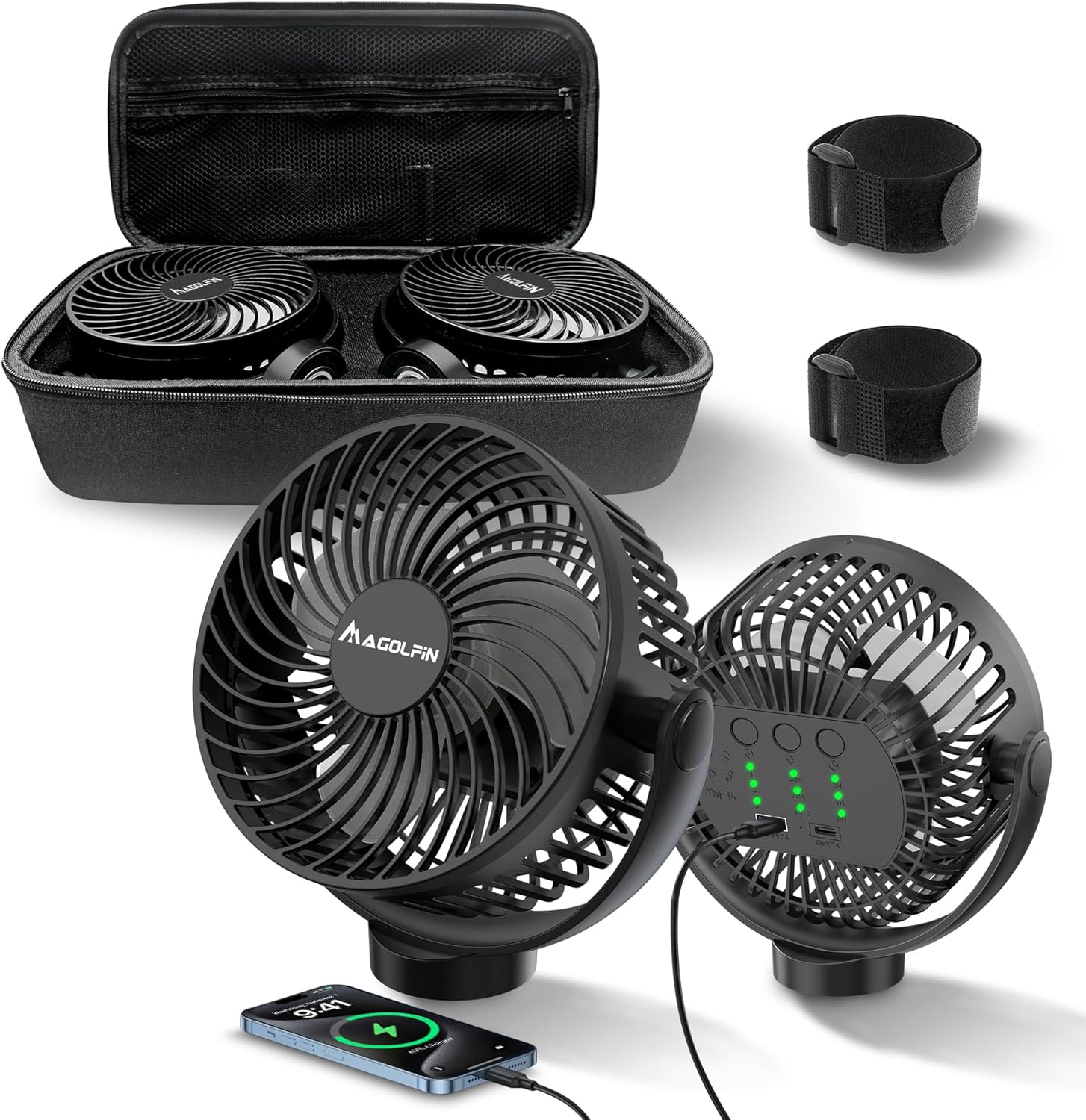 2-Pack Magnetic Golf Cart Fan Rechargeable with Carrying Case, 12000mAH Battery Portable Fan with Magnetic Base, Suitable for EZGO Club Car Yamaha, Golf Cart & Cruise Ship Accessories