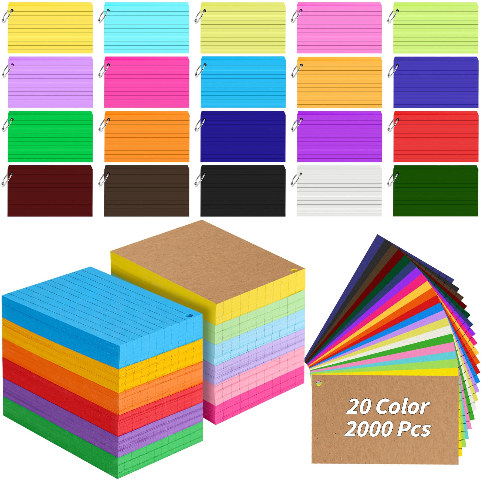 2000 PCS Flash Cards 3 x 5 Inch Ruled Index Cards with Ring