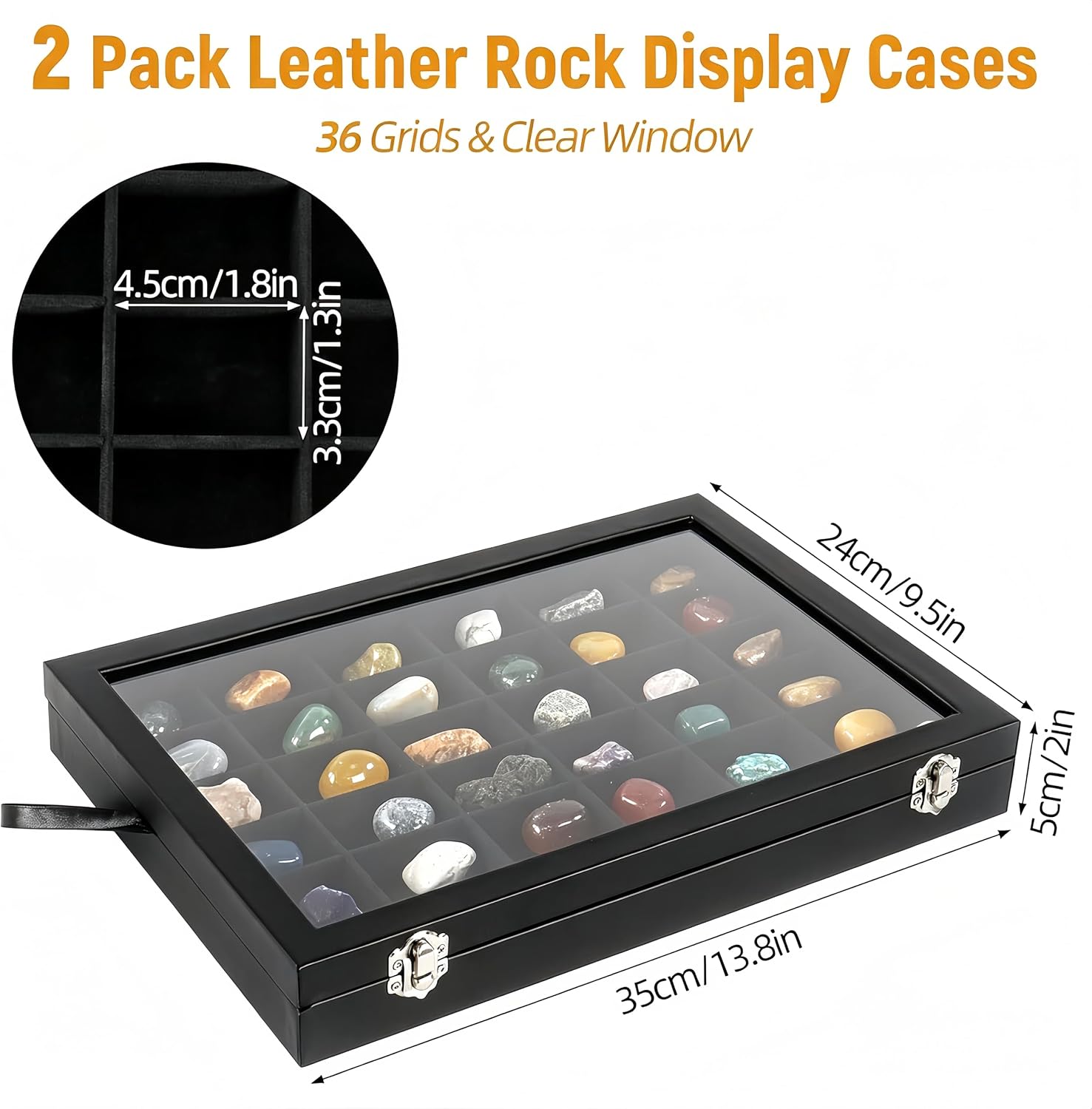 2 Pack Rock Collection Display Case, 36 Grids PU Leather Rock Collection Box with Glass Lid and Velvet Lining, Crystal Storage Organizer for Gemstones, Tumbled Stones, Minerals, Fossil (Black)