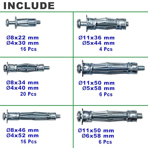 Miniatura 3 de T. K. Excelente juego de tornillos de anclaje de pared de acero chapado en zinc para paneles de yeso, kit surtido de varios tamaños, 68 piezas