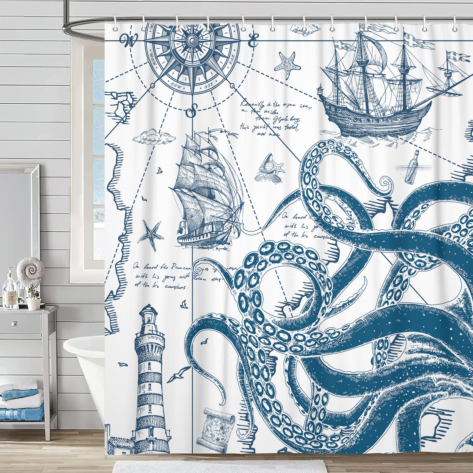 Rideau de douche pieuvre bleu marine et blanc en tissu, decoration de salle de bain 152x183 cm