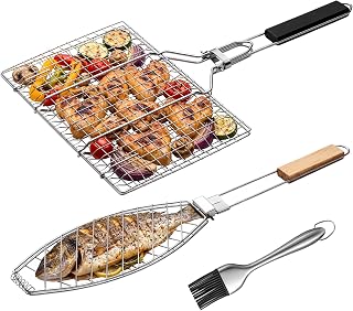 Didaey 3 Pcs Fish Grilling Basket Set 2 Sizes Stainless Steel BBQ Grill Baskets and a Silicone Basting Brush Foldable Handle and Lockable Design for Outdoor BBQ Camping Grills Father's Day Gift