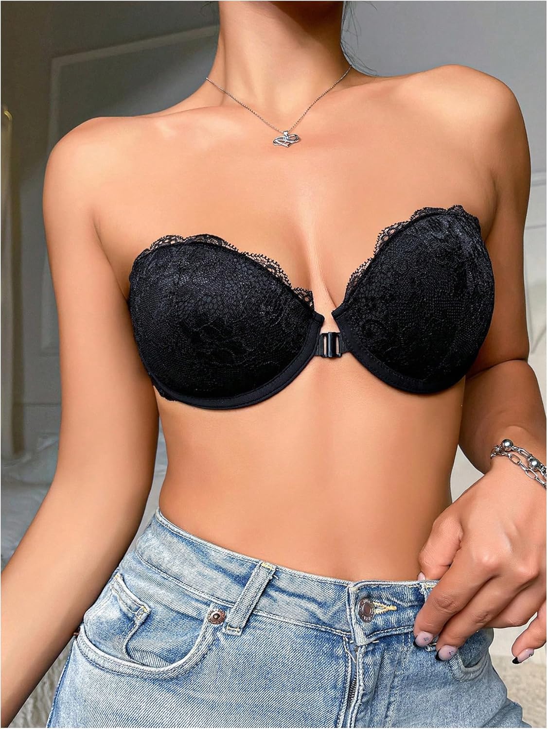 GORGLITTER Women's Strapless Bra Floral Lace Push Up Front Closure Bras Blackless Bandeau Underwire Bralettes - Image 4