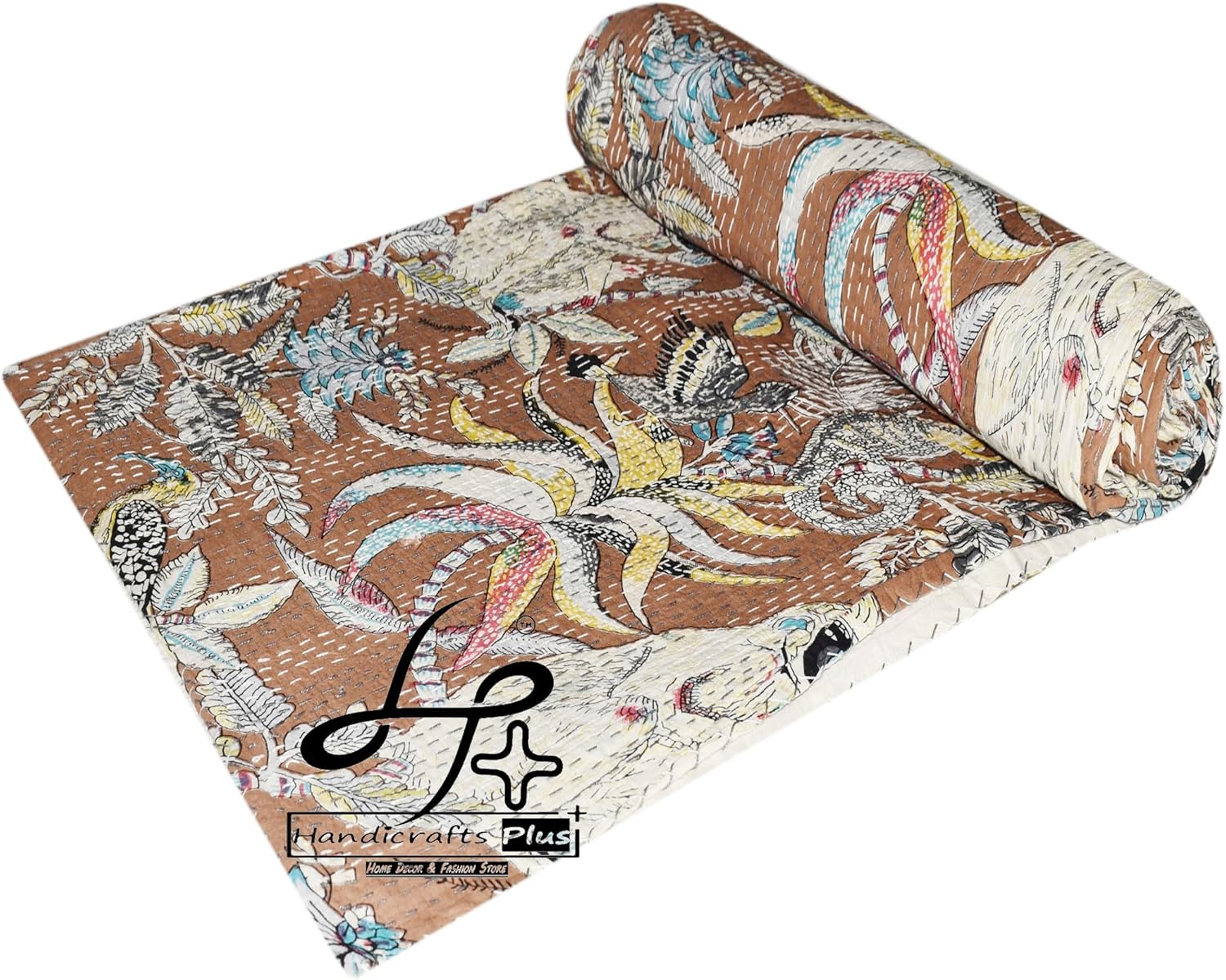 New Kantha Quilt Blankets Cotton Bedcover Multicolor Coverlets MonkeyPrint Gudari King Size Bedspread 90X108 New Bedsheet (Brown)