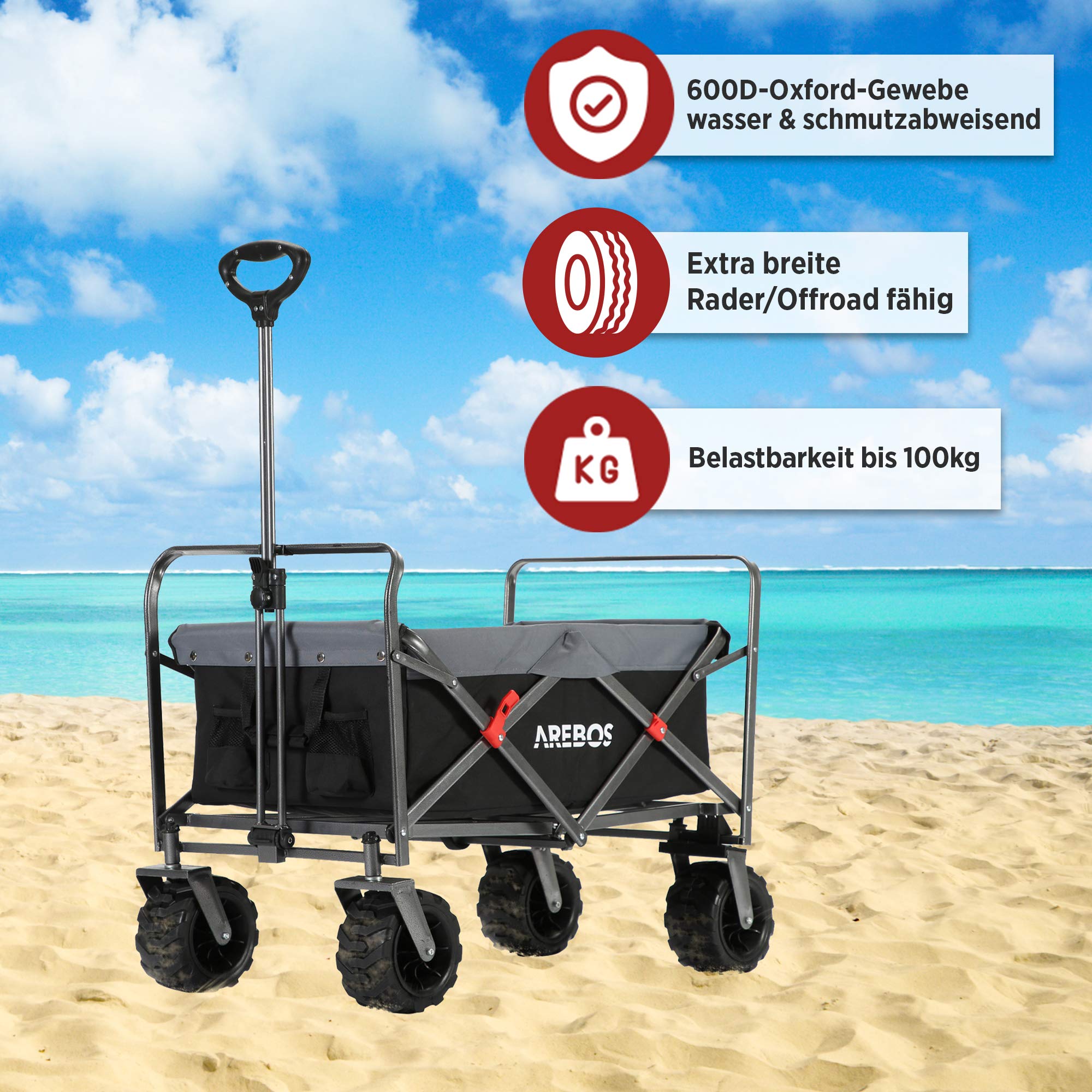 Arebos Bollerwagen faltbar | Handwagen | Faltwagen | Gerätewagen | klappbar | bis 100 kg Tragkraft | Wasser- & schmutzabweisend | Schwarz