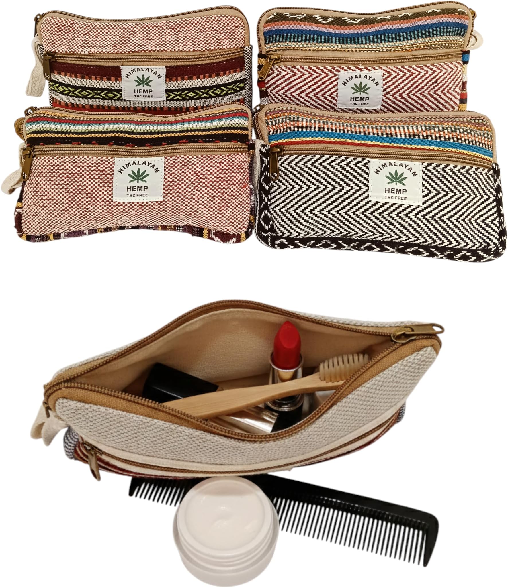 Kedar Kripa Hemp Handmade Rectangular Pouch Bag for Women and Men (Pack of 4) Eco-Friendly Travel Organiser Boho Cosmetic Clutch Natural Hemp Purse/Pouch with Zipper Multipurpose Bag Combo Pack of 4