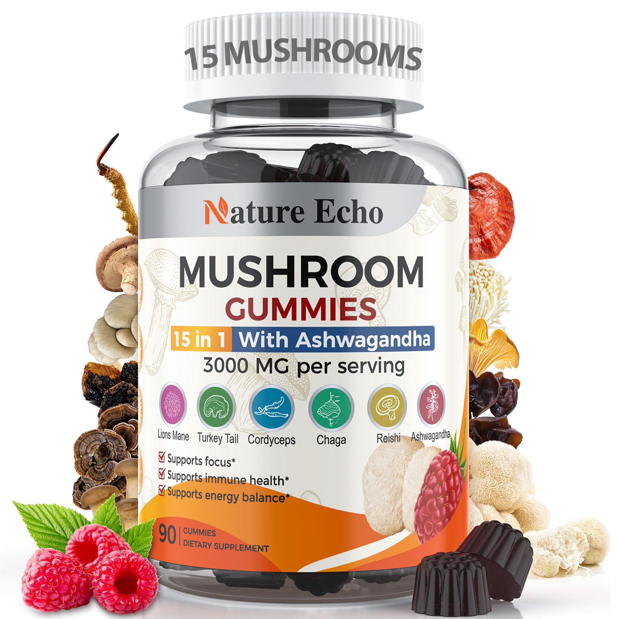 Mushroom Complex Gummies 15 in 1 Ashwagandha Gummies 3000 mg - Lions Mane, Reish...