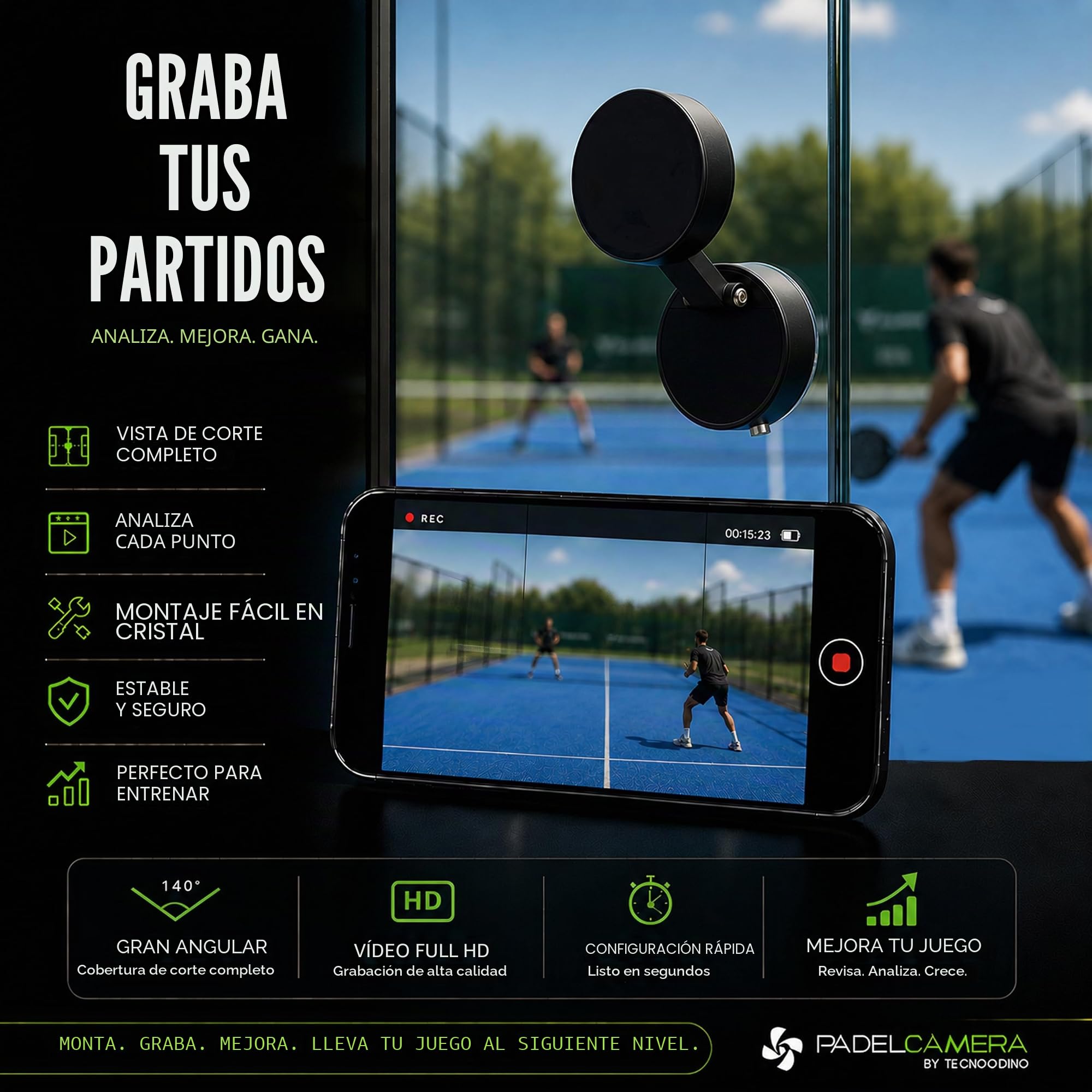 Padelcámara Soporte para móvil Registro de video Padel, Gym, Crossfit Base con imán, diseño único para smartphones, compatible con iPhone 16/15/14/13/12/Pro Plus MAX, Samsung (Negro)