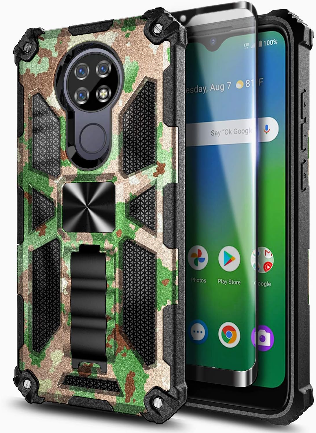 NZND Case for Cricket Ovation/AT&T Radiant Max (U705AC/U705AA) with Tempered Glass Screen Protector (Maximum Coverage), Full-Body Protective [Military-Grade], Built-in Kickstand, Heavy-Duty (Camo)