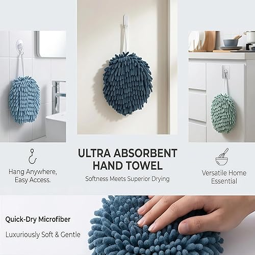 Miniatura 5 de Nulubuu Juego de 3 toallas de bola de felpilla suave y absorbente, de secado rápido, para bañococina, paquete de 3 unidades (verde menta + azul