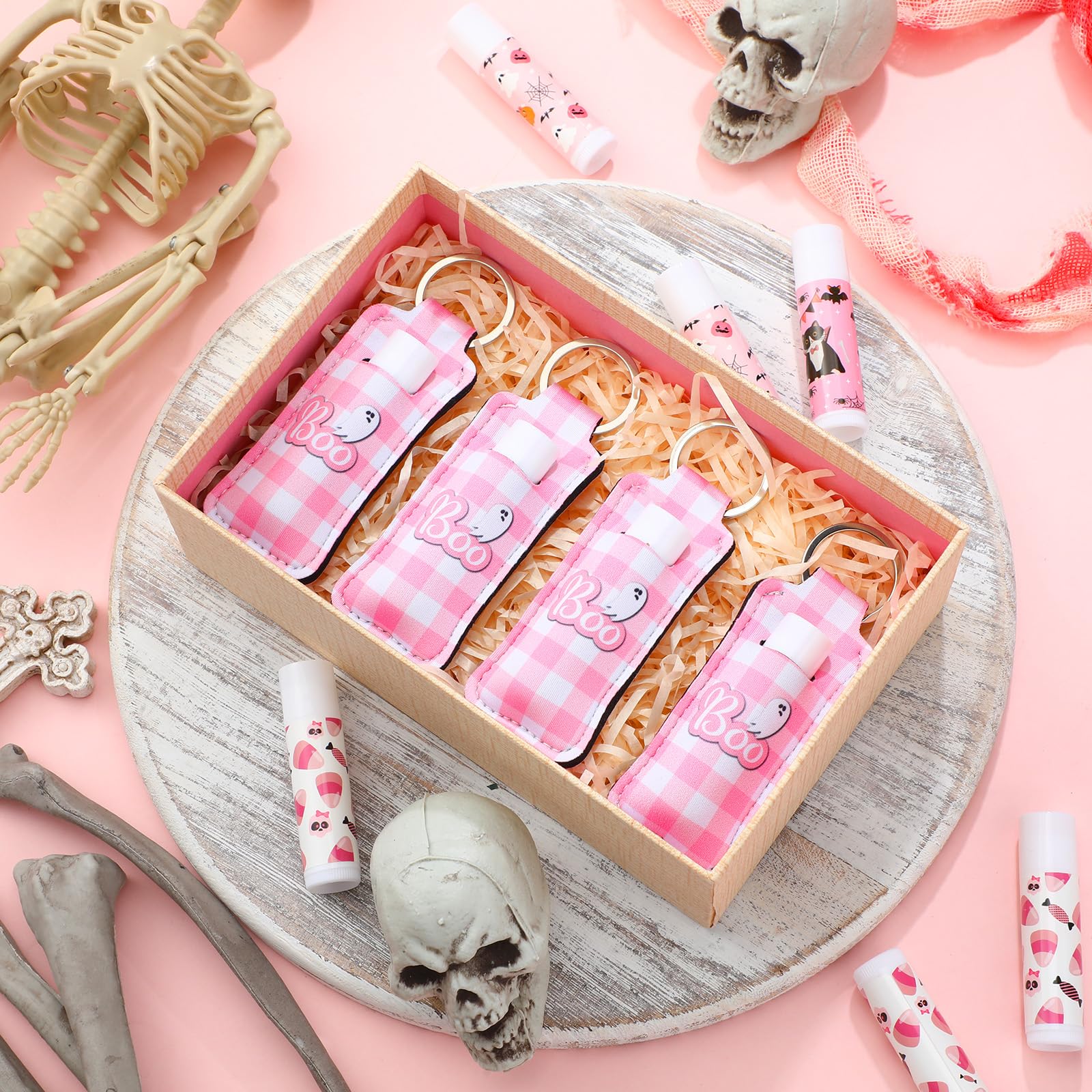 18 juegos de bálsamo labial natural a granel y soporte hidratante para lápiz labial, regalo para equipo, adolescentes, niñas, niños, suministros de fiesta deportiva (rosa Halloween)
