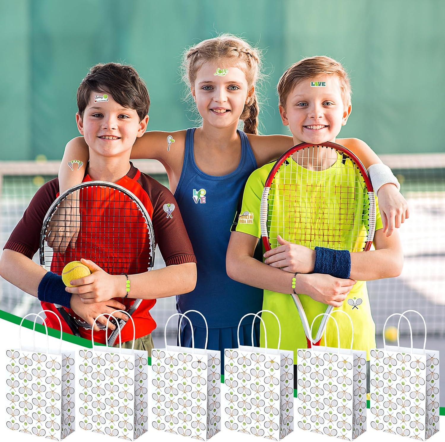 Huquary 98 Pcs Tennis Party Favors, Tennis Party Decorations Includes 50 Stickers 12 Mini Racket Keychain 12 Charm Bracelets Racket Shape Pens Paper Bags