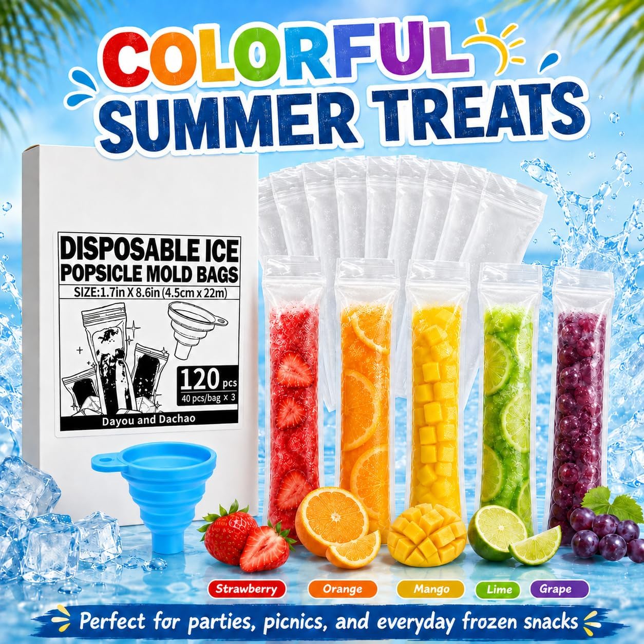 120 Pack Disposable Ice Pop Bags(1.7x8.6").BPA Free Freezer Tubes image 5