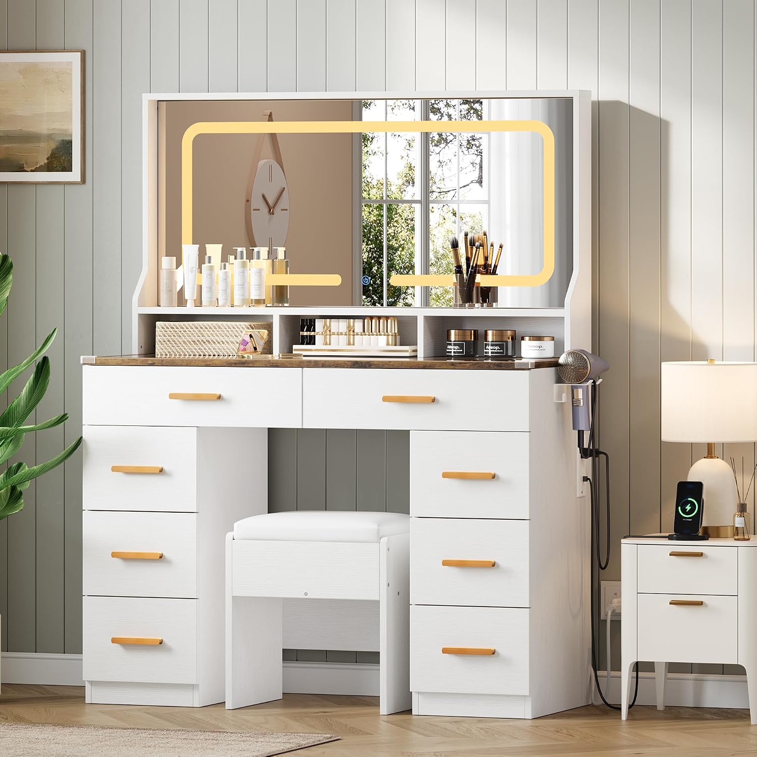 GarveeHome Makeup Vanity Desk with LED Mirror & Charging Station, 42" Dressing Table with Cushioned Stool, Glass Top & 8 Drawers & Hairdryer Rack, for Modern Bedroom Dressing Room, White & Rustic