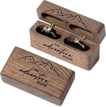 Ring Bearer Box for Wedding Ceremony Engraved Wooden Ring Holder for 2 Rings Engraved-The adventure begins