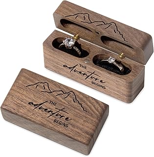 Wislist Ring Bearer Box for Wedding Ceremony Engraved Wooden Ring Holder for 2 Rings (Engraved-The adventure begins)