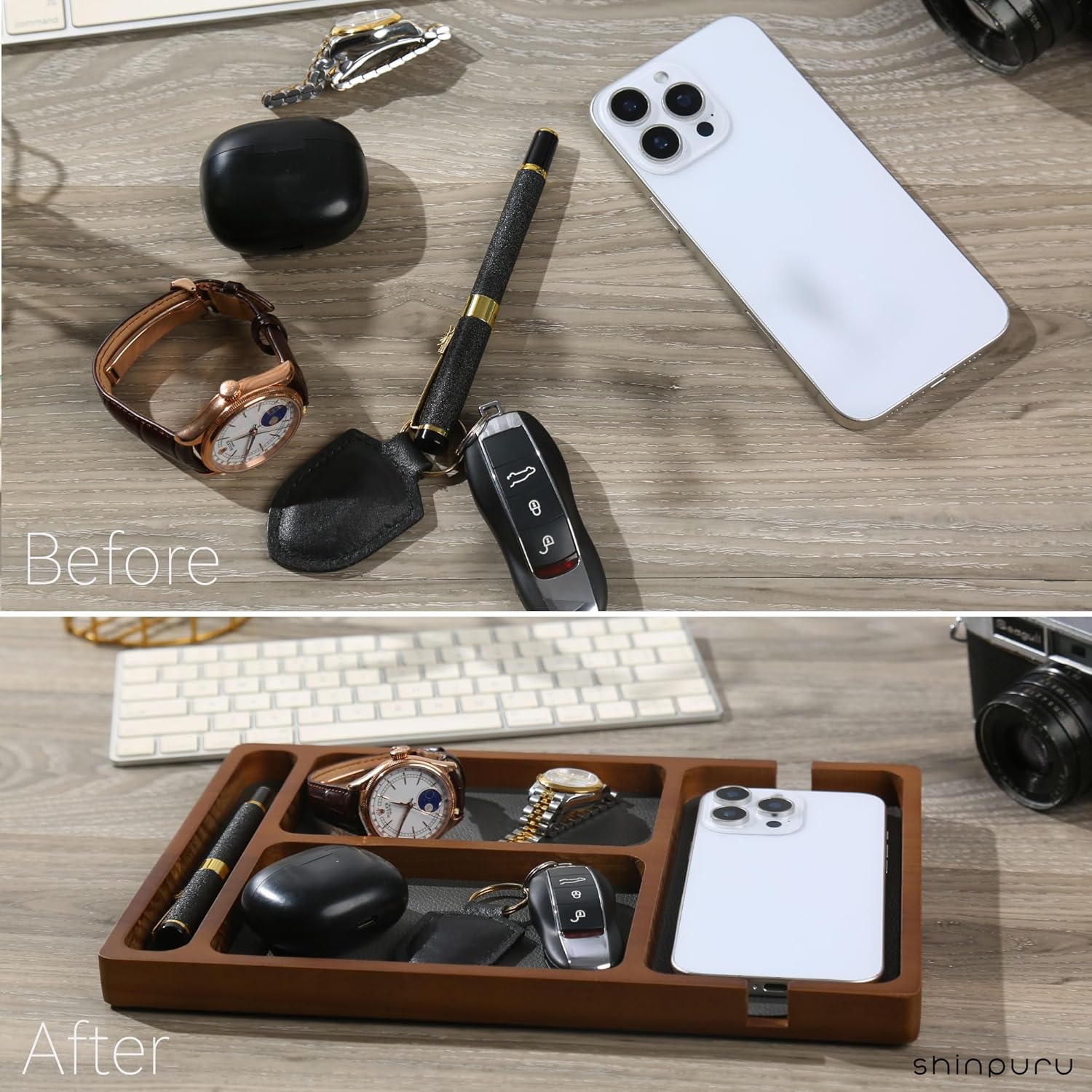 Shinpuru Wooden Valet Tray for Men, Nightstand Organizer with Leather Inlay, EDC Essentials Catchall Tray for Keys, Phone, Wallet, Watch, Earbuds - Bedside Desk Entryway Tray (Wood-Pen)