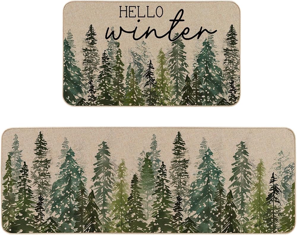 Hello Winter Pine Trees Christmas Kitchen Rugs Set of 2 17x29 & 17x47 Inch — 사진 1