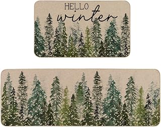 Hello Winter Pine Trees Christmas Kitchen Rugs Set of 2 17x29 & 17x47 Inch