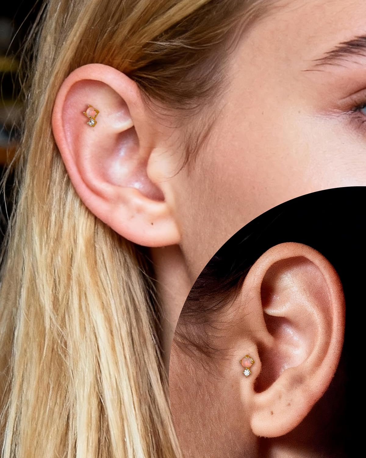 Pink Opal Titanium Cartilage Earrings Stud 16G Gold Plated Helix Tragus Earrings for Women Push In Flat Back Earrings 6/8MM - Image 2